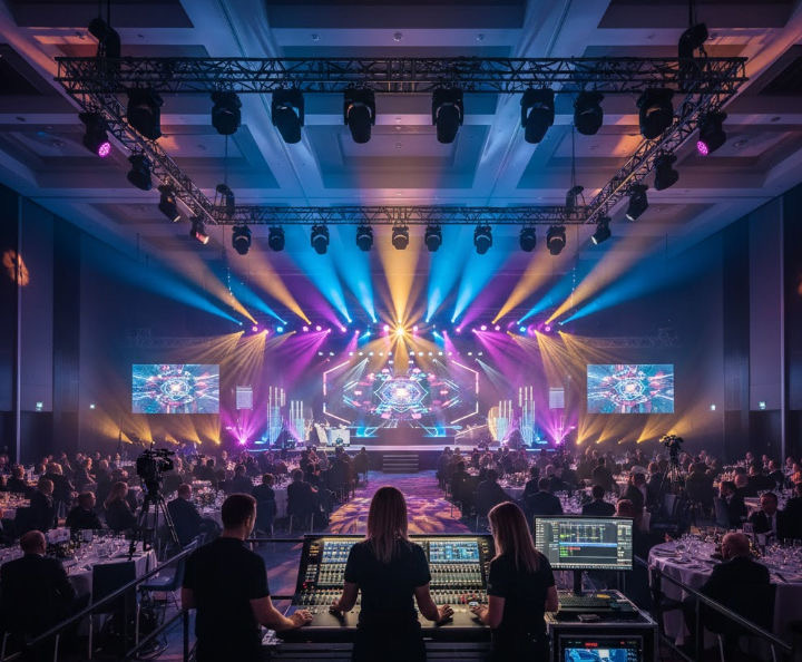Grande palco con luci scenografiche davanti al pubblico