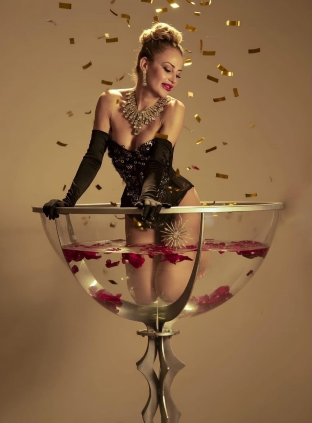 Performer nella coppa di champagne gigante tra coriandoli dorati